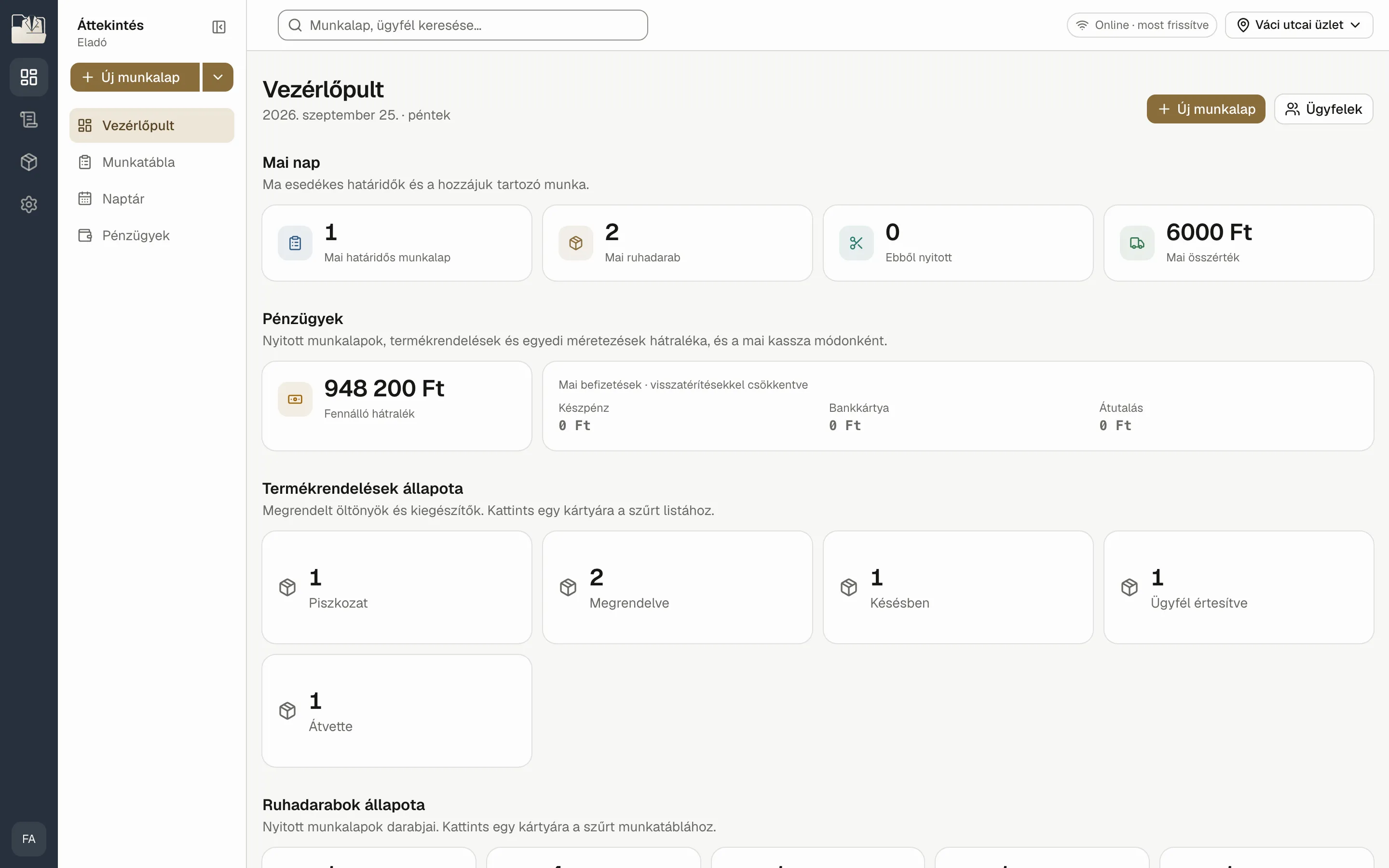 The Tailor Folder dashboard: today's deadlines, outstanding balance and order status